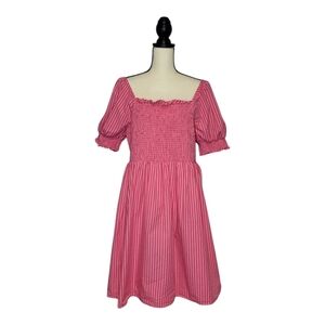 Draper James Dress Cam Smocked Pink Tonal Stripe Square Neck Puff Sleeve Sz 1X